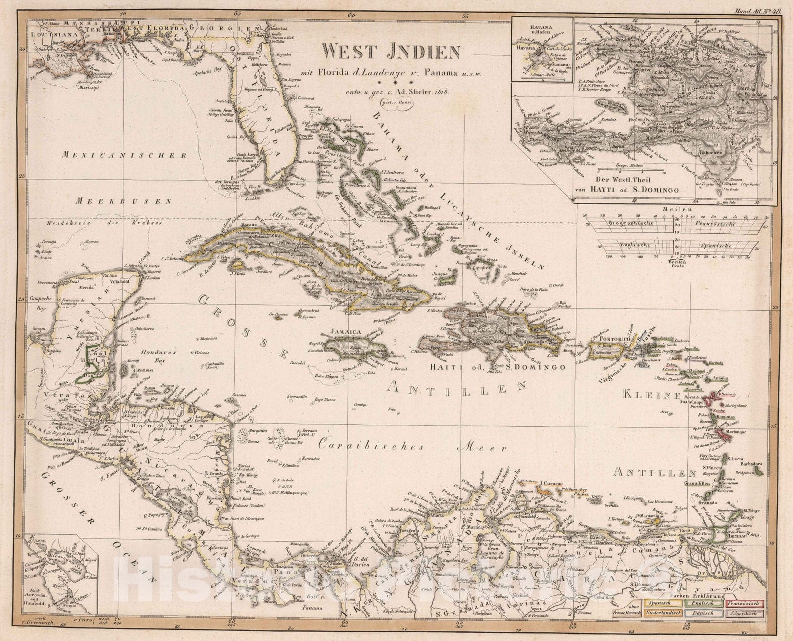 Historic Map : Florida, , Central America; West Indies 1818 West Jndien mit Florida d. Landenge v. Panama u.s.w. 1818 , Vintage Wall Art