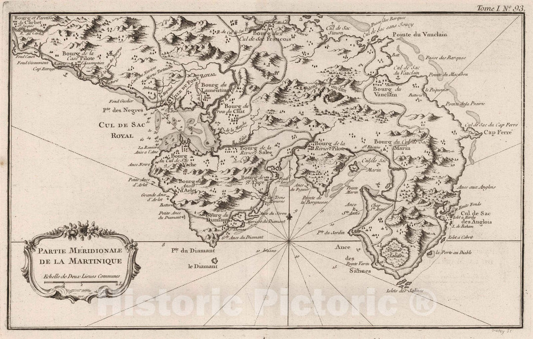 Historic Map : Martinique, , West Indies 1764 Partie meridionale de la Martinique. Croisey sc[ulp.] , Vintage Wall Art