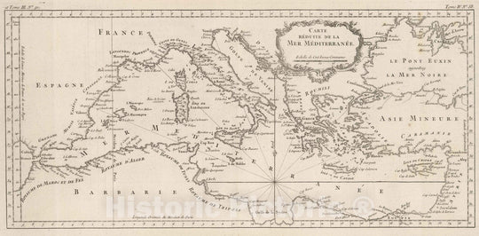 Historic Map : Mediterranean Region 1764 Carte reduite de la Mer Mediterranee , Vintage Wall Art