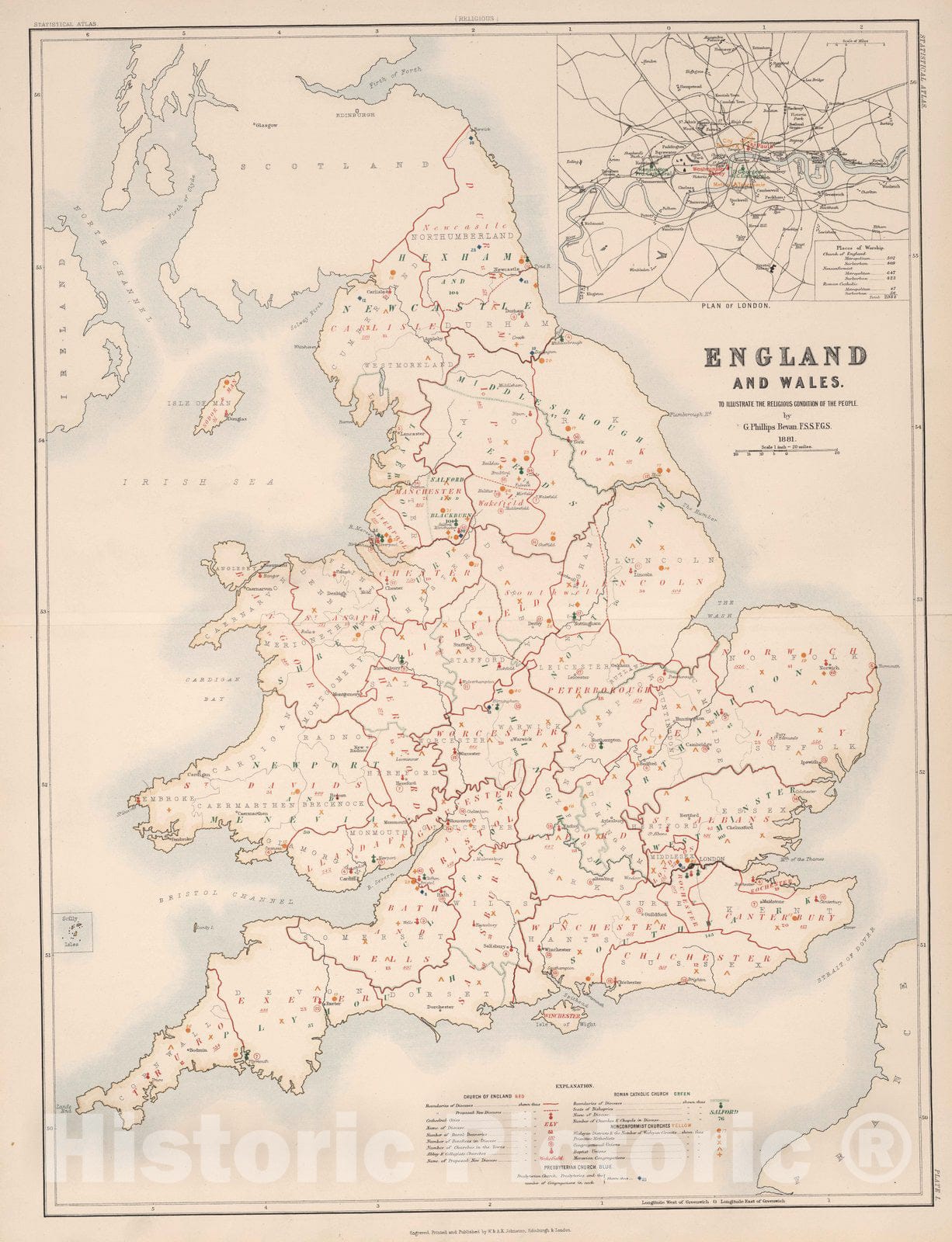 Historic Map : Statistical Atlas - 1881 England and Wales to Illustrate the Religious Condition of the People. - Vintage Wall Art