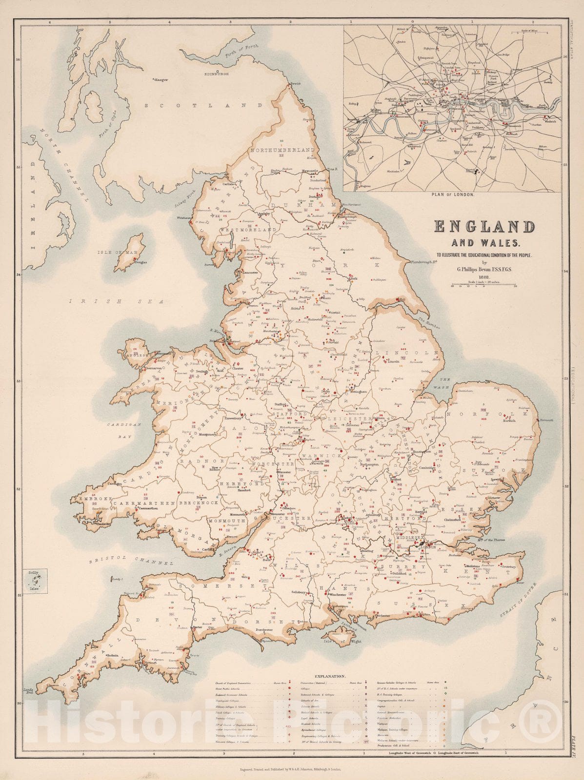 Historic Map : Statistical Atlas - 1881 England and Wales to Illustrate the Educational Condition. - Vintage Wall Art