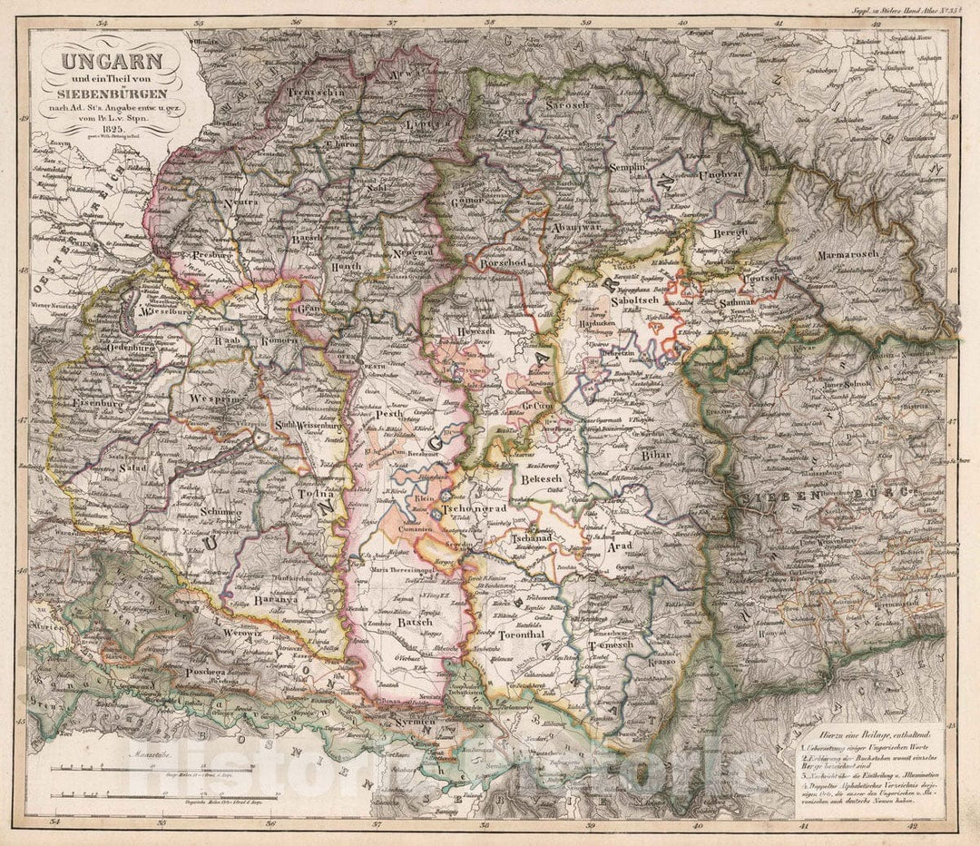 Historic Map : Hungary, 1825 Ungarn und ein Theil von Siebenburgen , Vintage Wall Art