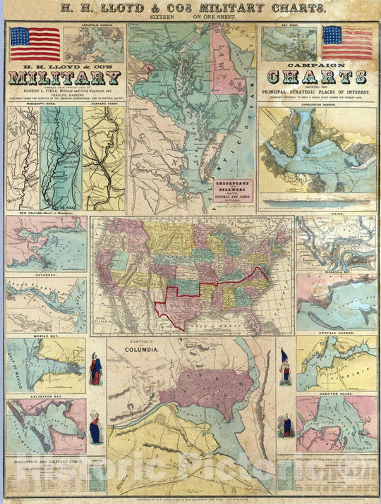 Historic Map : Broadside - 1861 H.H. Lloyd & Co's Campaign Military Charts Showing The Principal Strategic Places Of Interest. - Vintage Wall Art