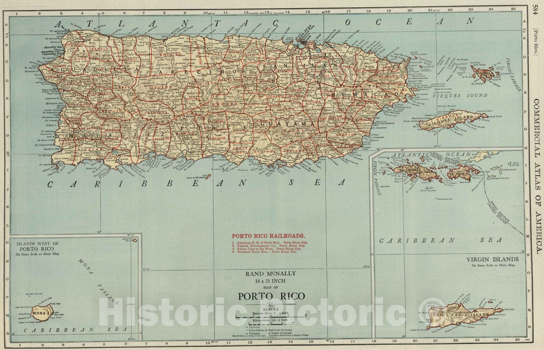 Historic Map : Puerto Rico, 1924 Porto Rico. , Vintage Wall Art