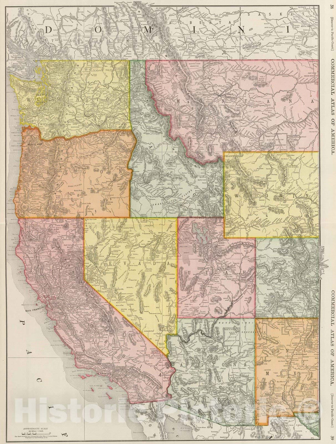 Historic Wall Map : National Atlas - 1924 (United States) Denver to Pacific Coast. - Vintage Wall Art