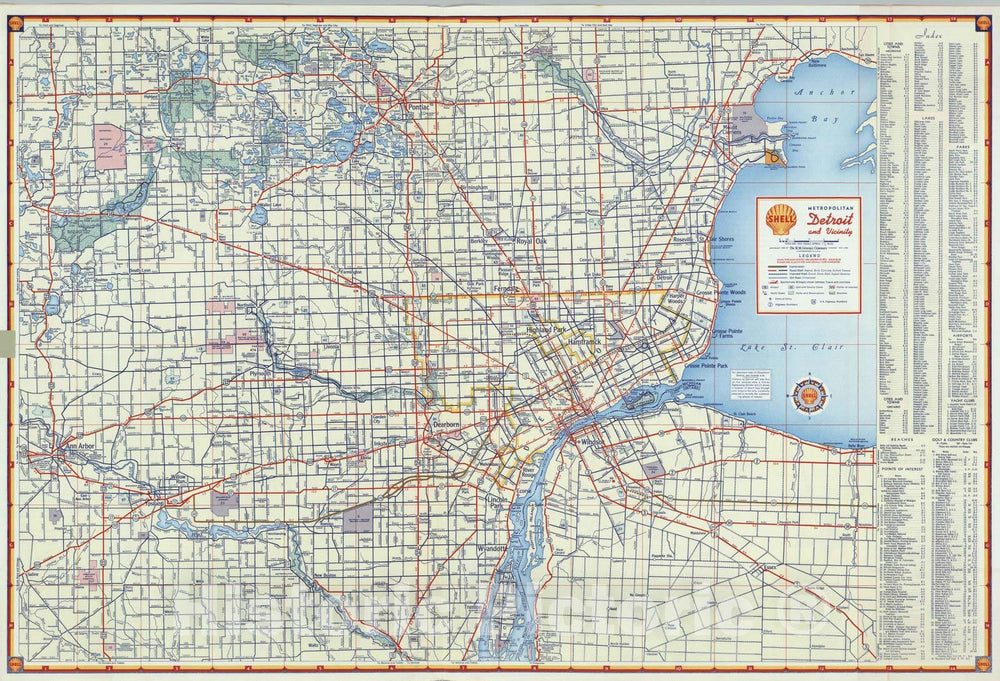 Historic Map - National Atlas - 1956 Shell Metropolitan Detroit and Vicinity. - Vintage Wall Art