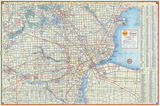 Historic Map - National Atlas - 1956 Shell Metropolitan Detroit and Vicinity. - Vintage Wall Art