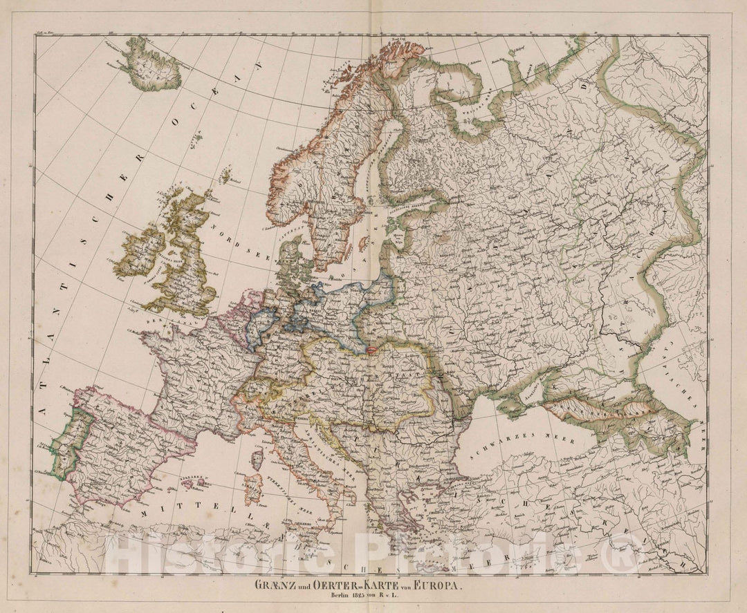 Historic Map : Eurasia, Europe; Asia 1825 Graenz und Oerter-Karte von Europa. , Vintage Wall Art