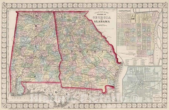 Historic Map : National Atlas - 1874 County Map of the States of Georgia and Alabama. - Vintage Wall Art