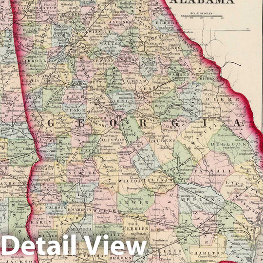 Historic Map : National Atlas - 1874 County Map of the States of Georgia and Alabama. - Vintage Wall Art