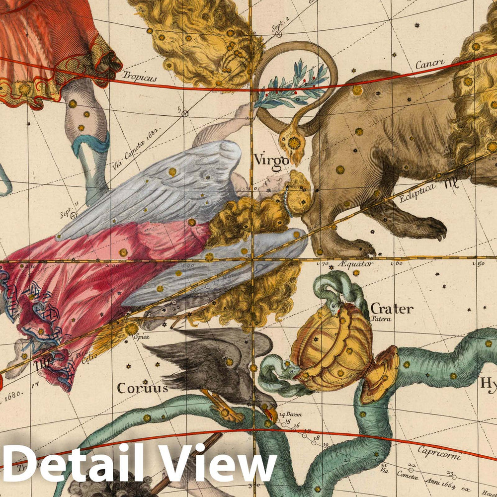 Historic Map : Celestial Atlas - 1693 Plate 4: Virgo, Hydra and other constellations. - Vintage Wall Art