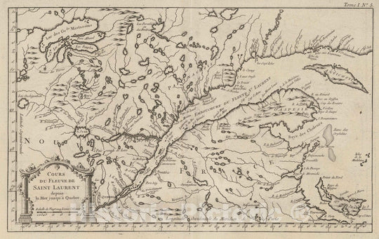 Historic Map : Saint Lawrence River 1764 Cours du Fleuve de Saint Laurent, Depuis la Mer Jusqu a Quebec , Vintage Wall Art