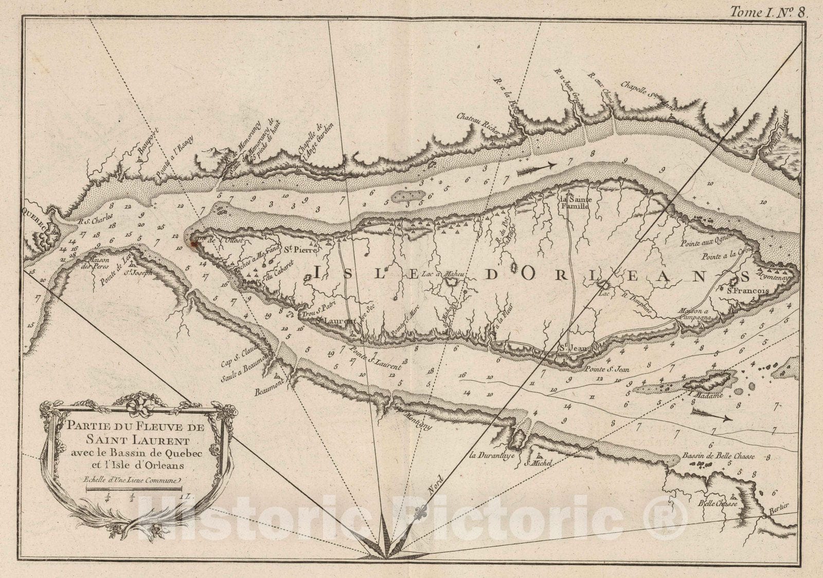 Historic Map : Quebec, Saint Lawrence River 1764 Partie du fleuve de Saint Laurent avec le bassin de Quebec et l'isle d'Orleans , Vintage Wall Art