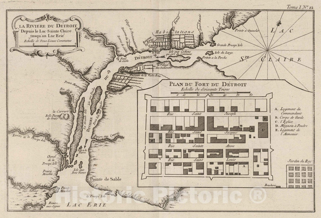 Historic Map : Detroit River 1764 La Riviere Du Detroit Depuis Le Lac Sainte Claire Jusqu'Au Lac Erie , Vintage Wall Art