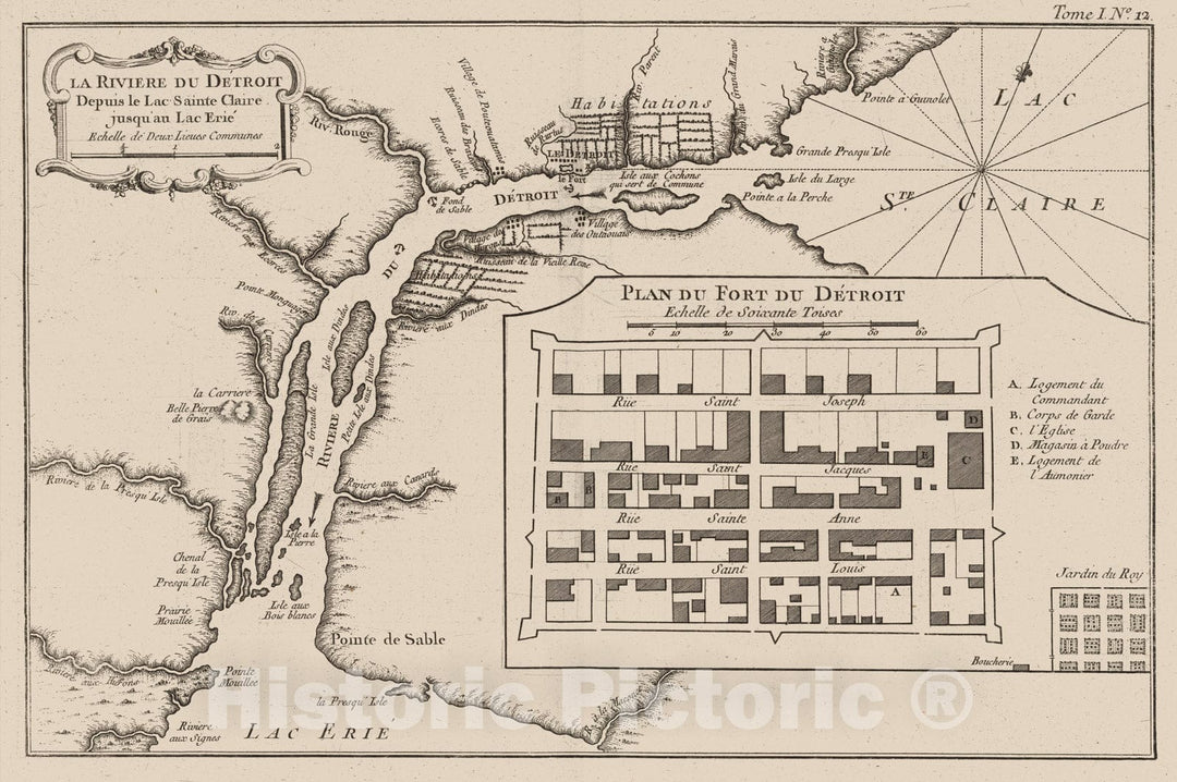 Historic Map : Detroit River 1764 La Riviere Du Detroit Depuis Le Lac Sainte Claire Jusqu'Au Lac Erie , Vintage Wall Art