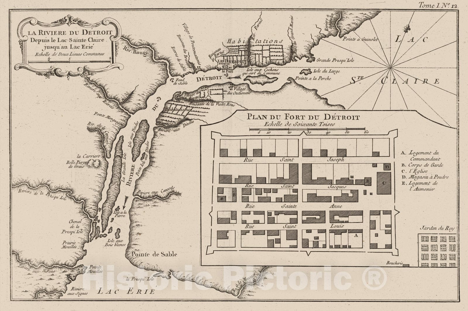 Historic Map : Detroit River 1764 La Riviere Du Detroit Depuis Le Lac Sainte Claire Jusqu'Au Lac Erie , Vintage Wall Art