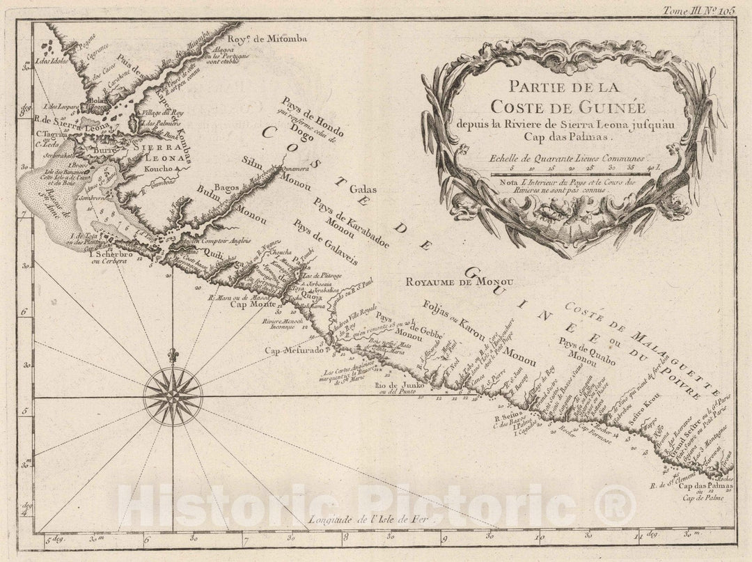 Historic Map : Sierra Leone; Guiana, , Africa 1764 Partie de la Coste de Guinee depuis la Riviere de Sierra Leona jusquau Cap das Palmas , Vintage Wall Art