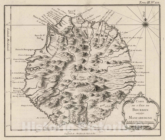 Historic Map : Bourbon, Africa 1764 Carte de l'Isle de Bourbon autrefois Mascareigne , Vintage Wall Art