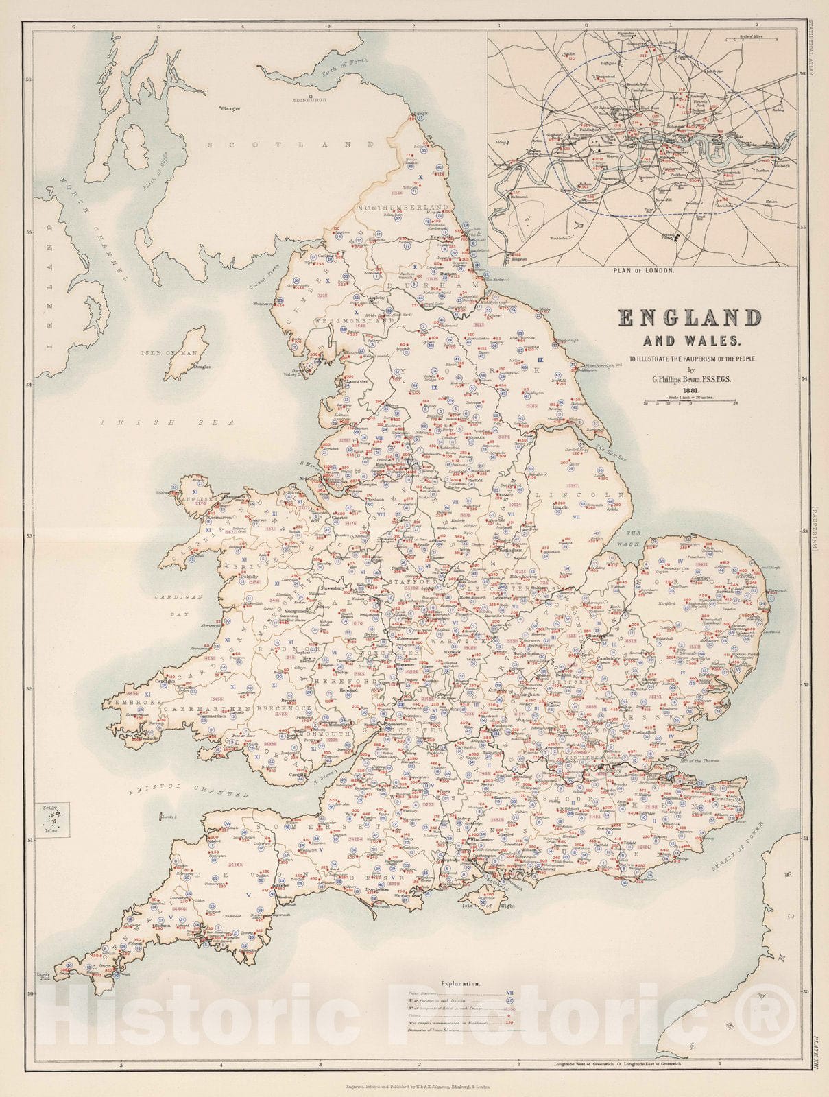 Historic Map : Statistical Atlas - 1881 England and Wales to Illustrate the Pauperism of the People. - Vintage Wall Art