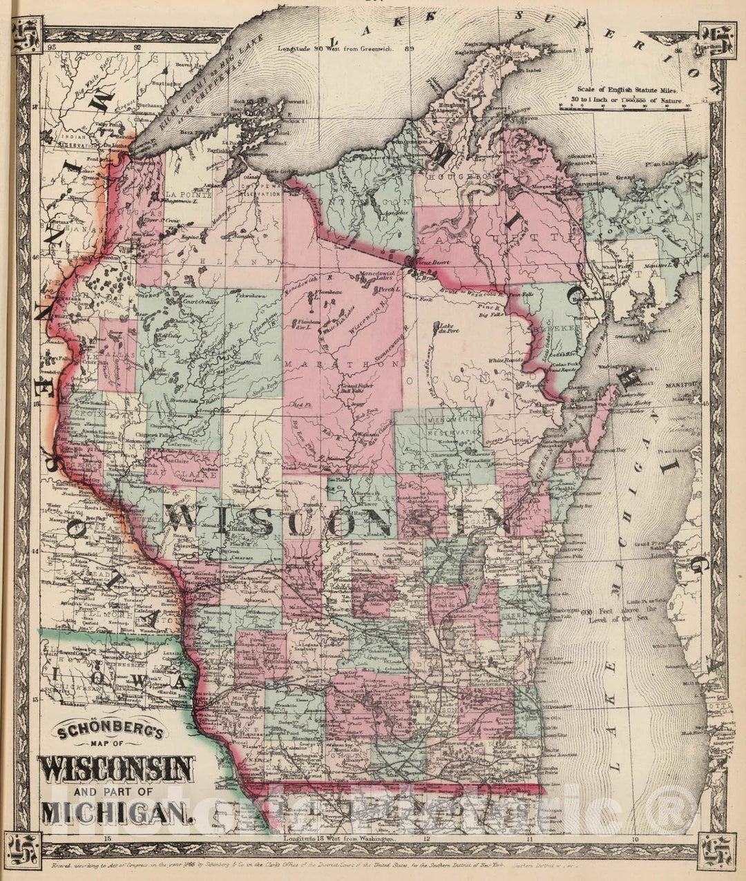 Historic Map : National Atlas - 1867 Schonberg's Map of Wisconsin and Part of Michigan. - Vintage Wall Art