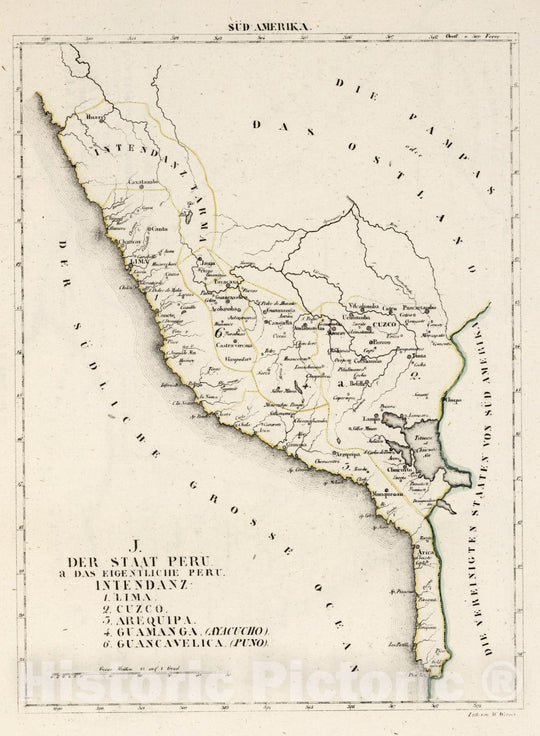 Historic Wall Map : Peru, , South America 1830 J. Der staat Peru. a das eigentliche Peru. Intendanz. , Vintage Wall Art