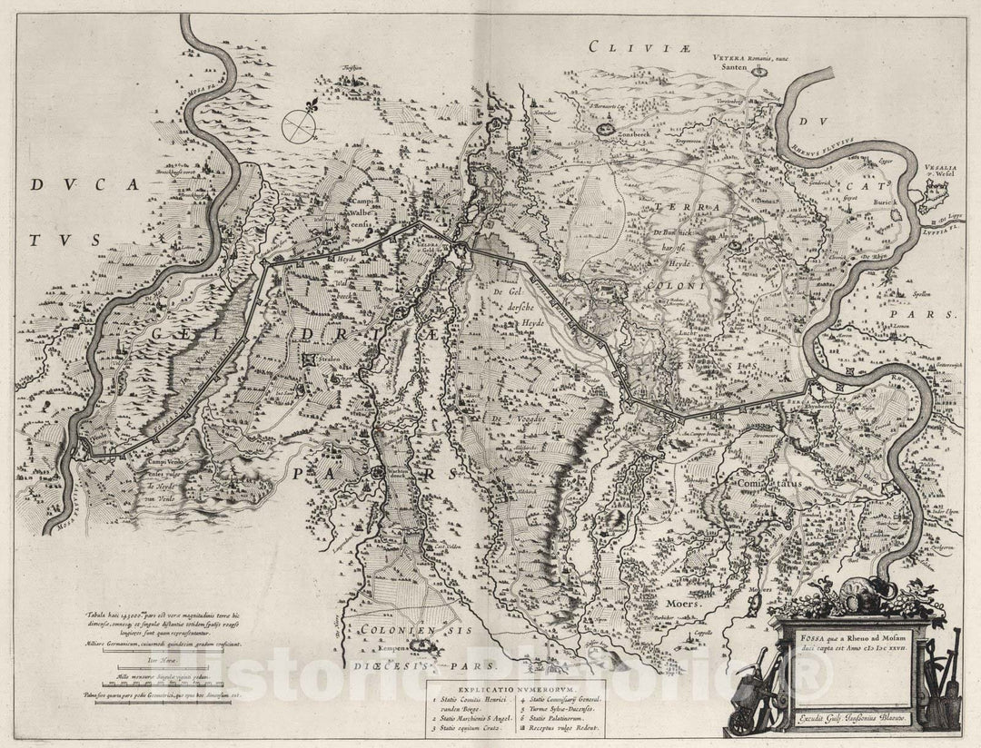 Historic Map : Rhine-Maas Canal (Netherlands) 1627 Fossa quae a Rheno ad Mosam duci caepta est. , Vintage Wall Art