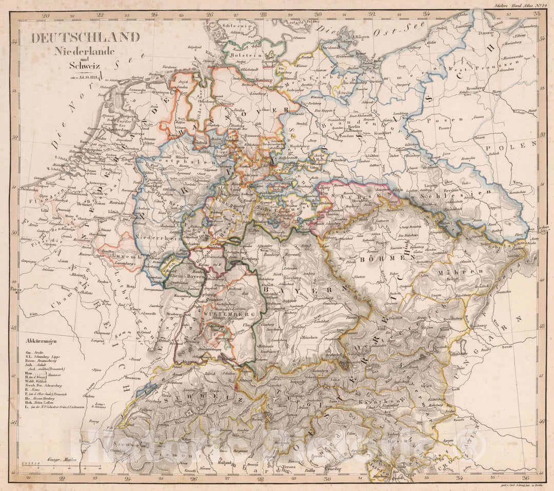 Historic Map : Switzerland; Germany; Netherlands, 1821 Deutschland, Niederlande und Schweiz , Vintage Wall Art