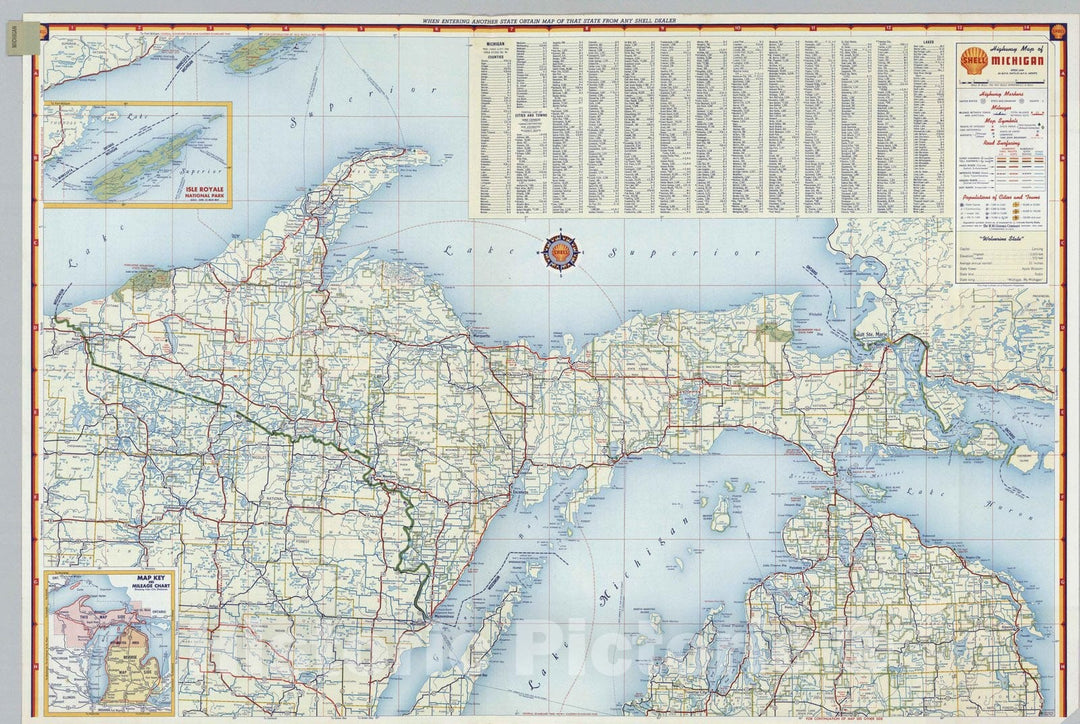 Historic Map : National Atlas - 1956 Shell Highway Map of Michigan (northern portion). - Vintage Wall Art