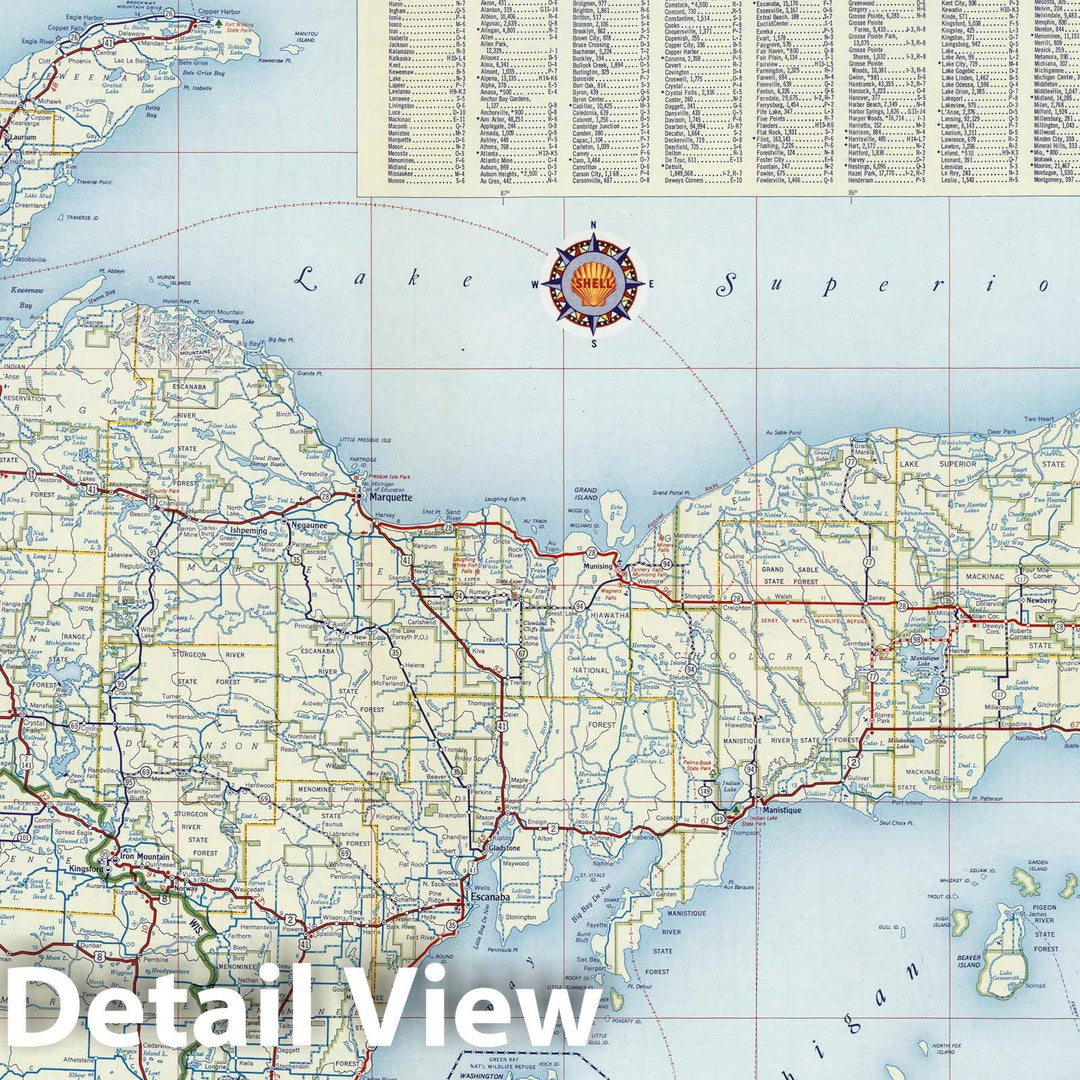 Historic Map : National Atlas - 1956 Shell Highway Map of Michigan (northern portion). - Vintage Wall Art