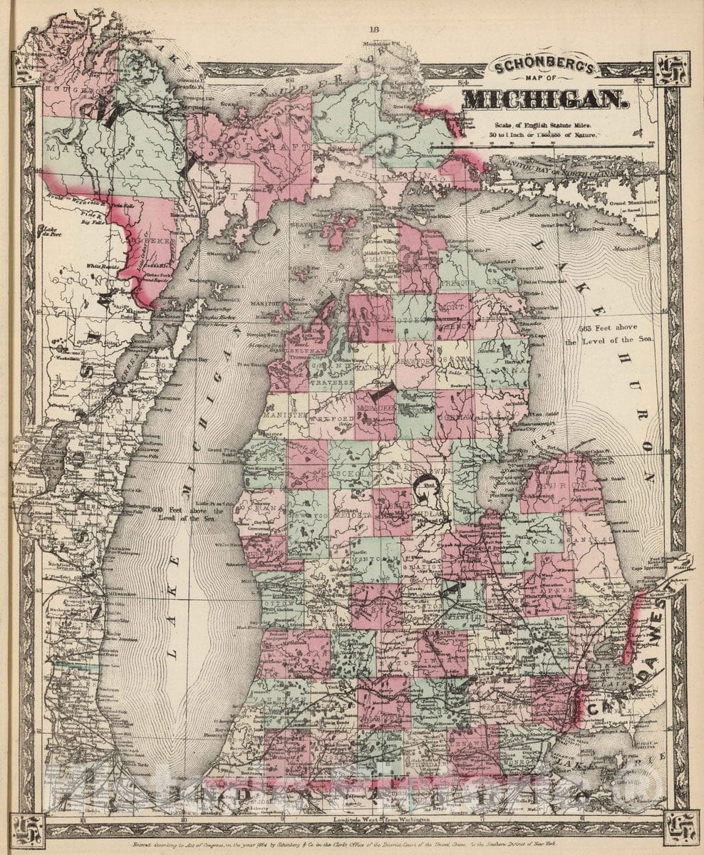 Historic Map - National Atlas - 1867 Schonberg's Map of Michigan. - Vintage Wall Art