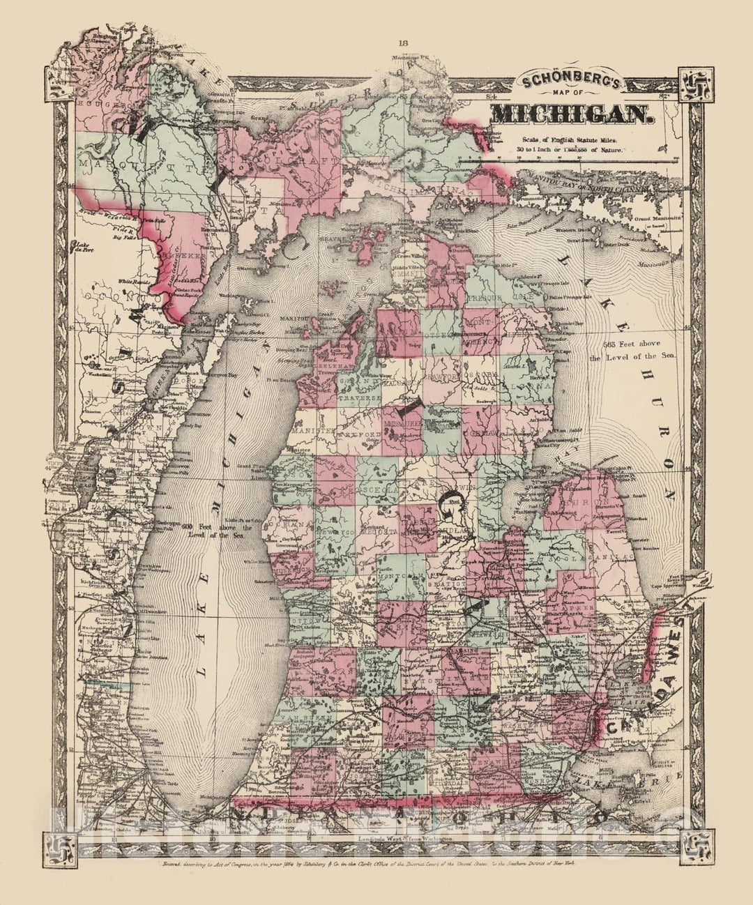 Historic Map - National Atlas - 1867 Schonberg's Map of Michigan. - Vintage Wall Art