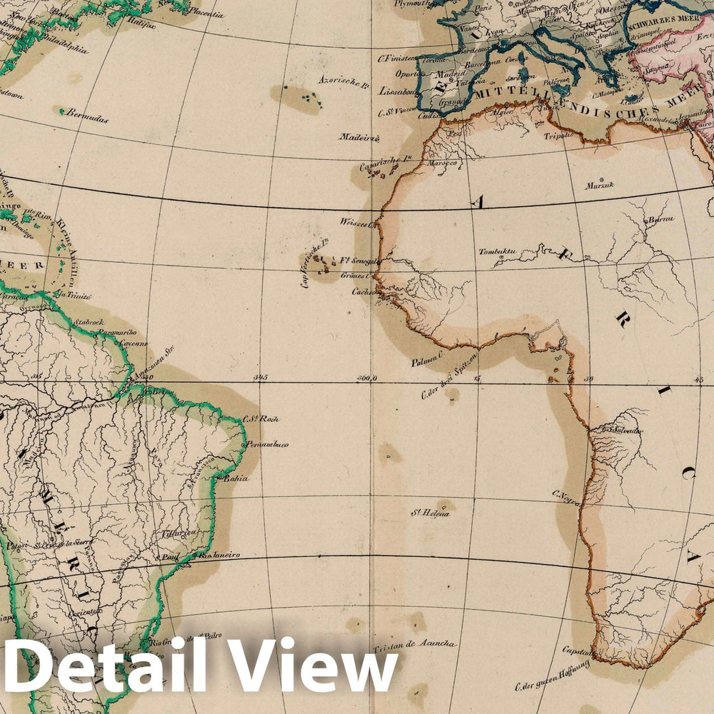 Historic Map : School Atlas - 1825 Hemisphaere de Atlantischen Oceans. - Vintage Wall Art