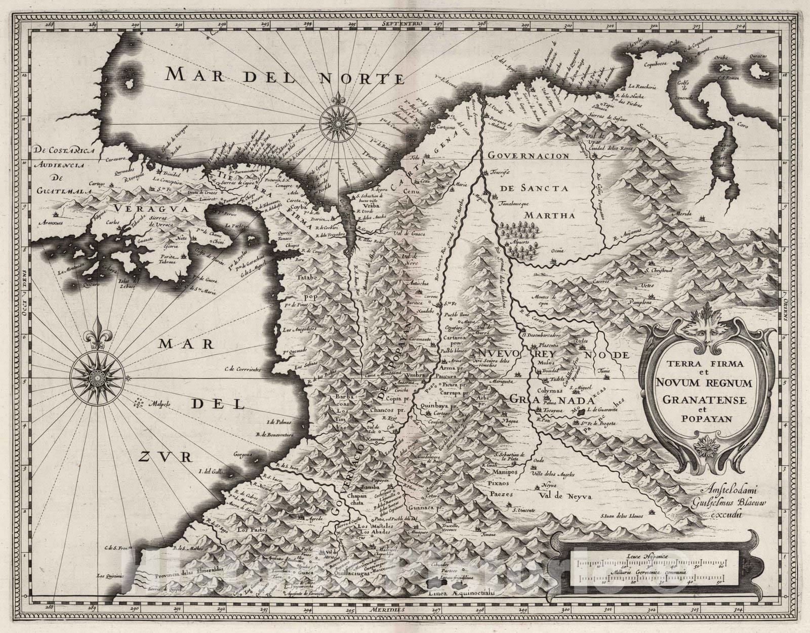 Historic Map : Colombia, , Central America 1630 Terra Firma et Novum Regnum Granatense et Popayan. , Vintage Wall Art