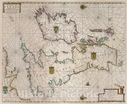 Historic Map : England, English Channel 1665 Pas-Caart vant Canaal. , Vintage Wall Art