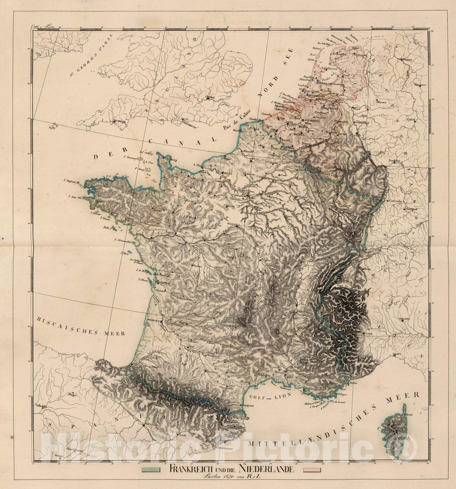 Historic Map : France; Netherlands; Belgium, 1824 Frankreich und die Niederlande. , Vintage Wall Art