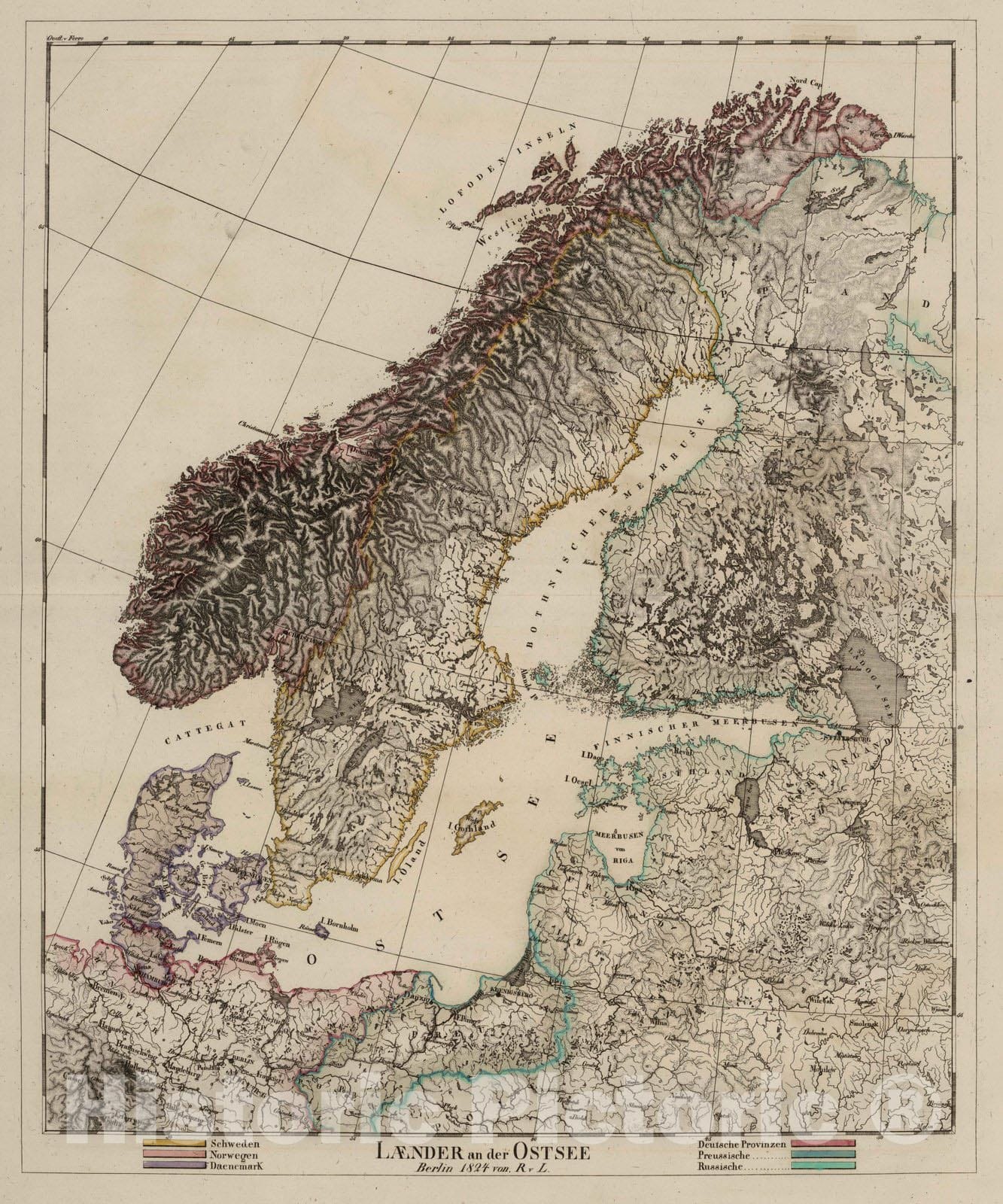 Historic Map : Norway; Denmark; Sweden; Finland, North Sea 1824 Laender an der Ostsee. , Vintage Wall Art