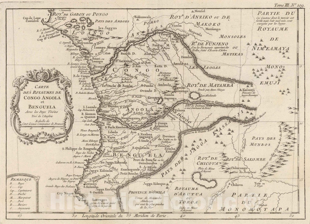 Historic Map : Congo; Angola, Africa, Central 1764 Carte des Royaumes de Congo, Angola et Benguela avec les pays Voisins,Tire de l'Anglois , Vintage Wall Art