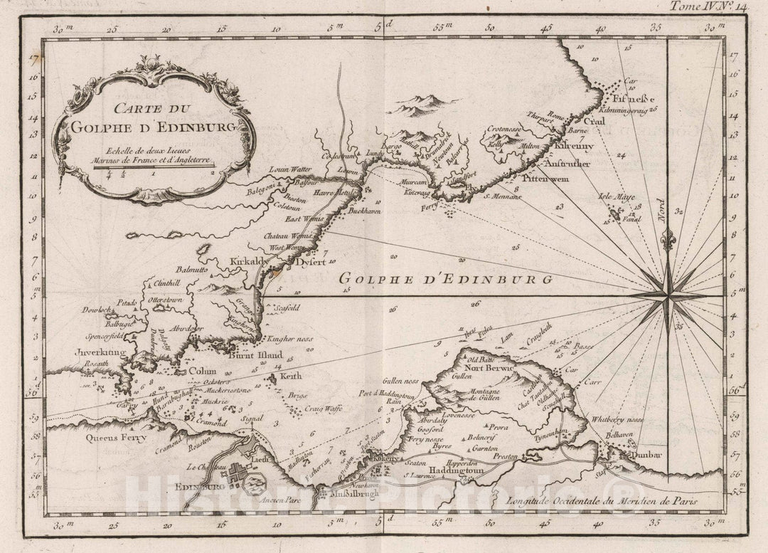 Historic Map : Scotland, , Europe 1764 Carte du Golphe d'Edinburg , Vintage Wall Art