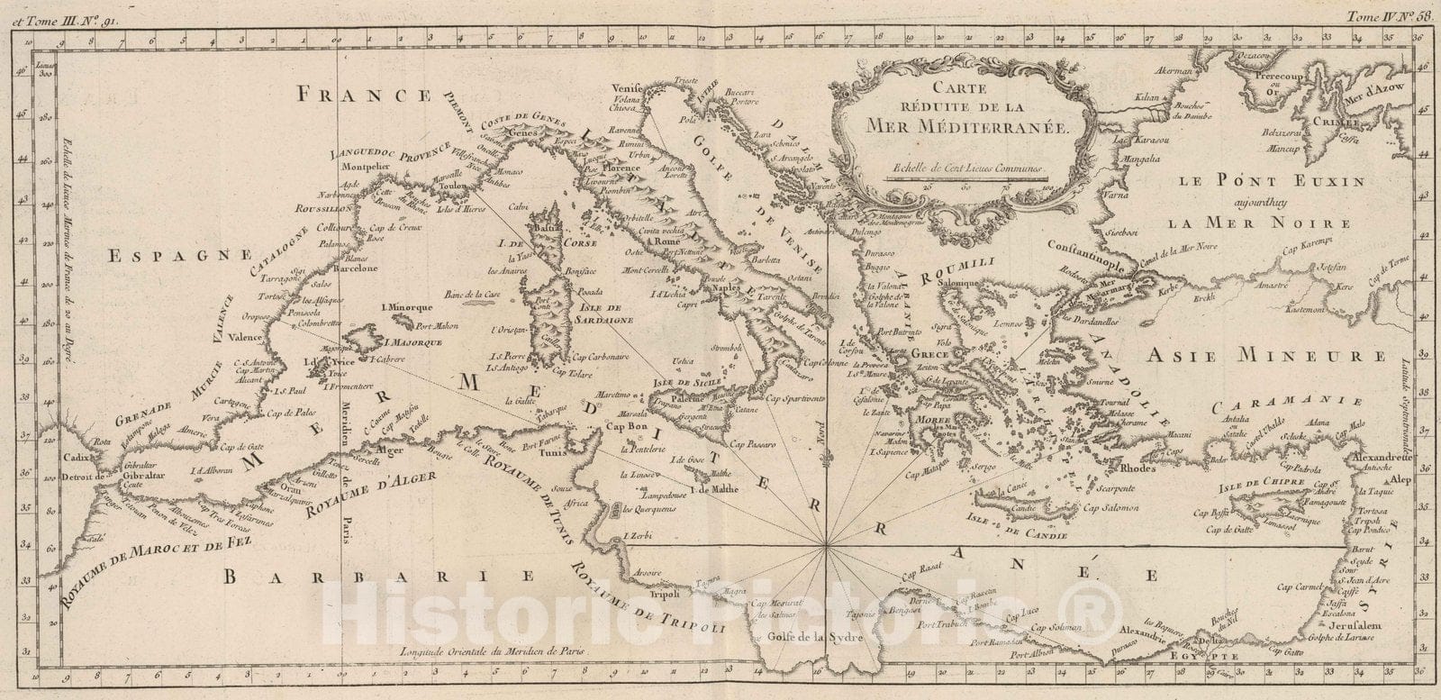 Historic Map : Mediterranean Region, Europe 1764 Carte reduite de la mer Mediterranee v2 , Vintage Wall Art