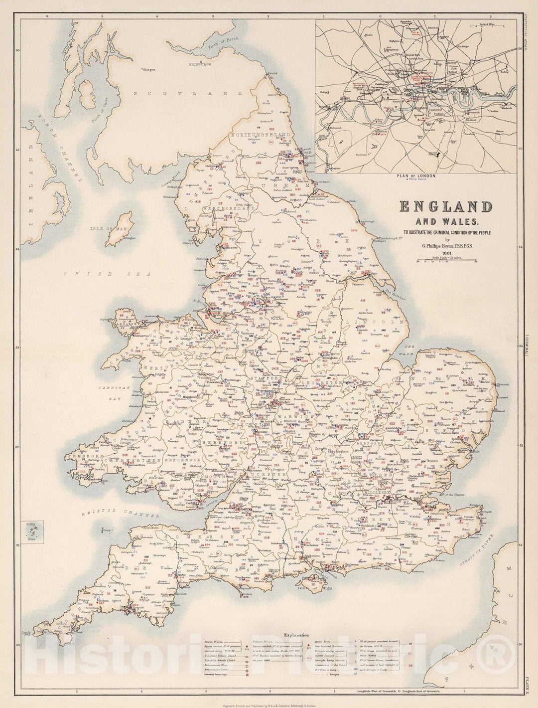 Historic Map : Statistical Atlas - 1881 England and Wales to Illustrate the Criminal Condition of the People. - Vintage Wall Art