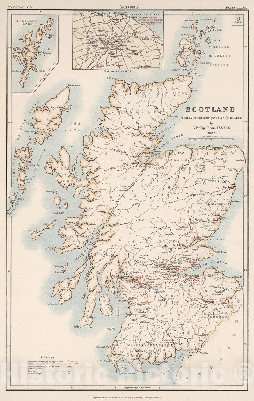 Historic Map : Statistical Atlas - 1881 Scotland to Illustrate the Hydrography (Water Supply) of the Country. - Vintage Wall Art