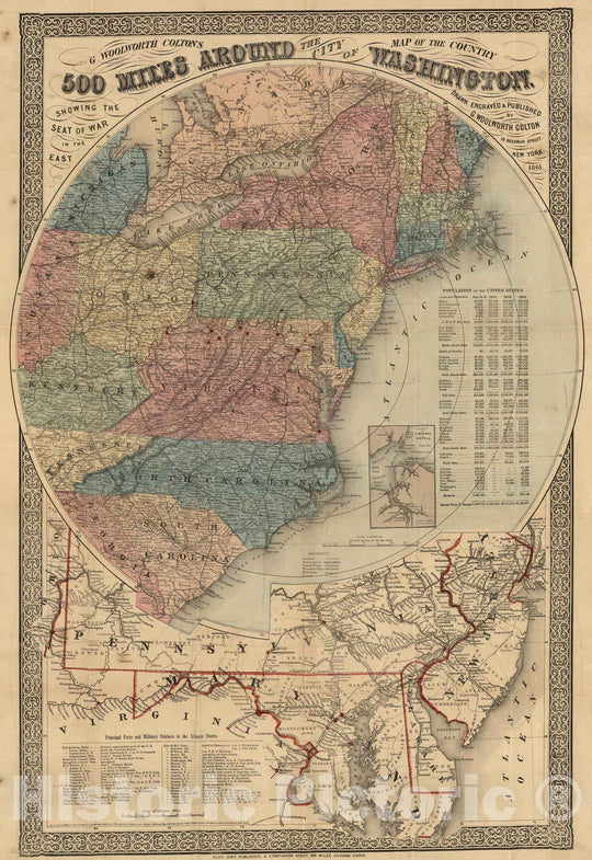 Historic Map : 1861 G. Woolworth Colton's map of the country 500 miles around the city of Washington - Vintage Wall Art