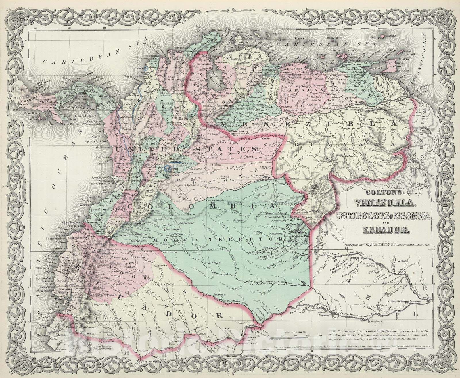 Historic Map : Venezuela; Colombia; Ecuador, 1874 Venezuela, Colombia, Ecuador. , Vintage Wall Art