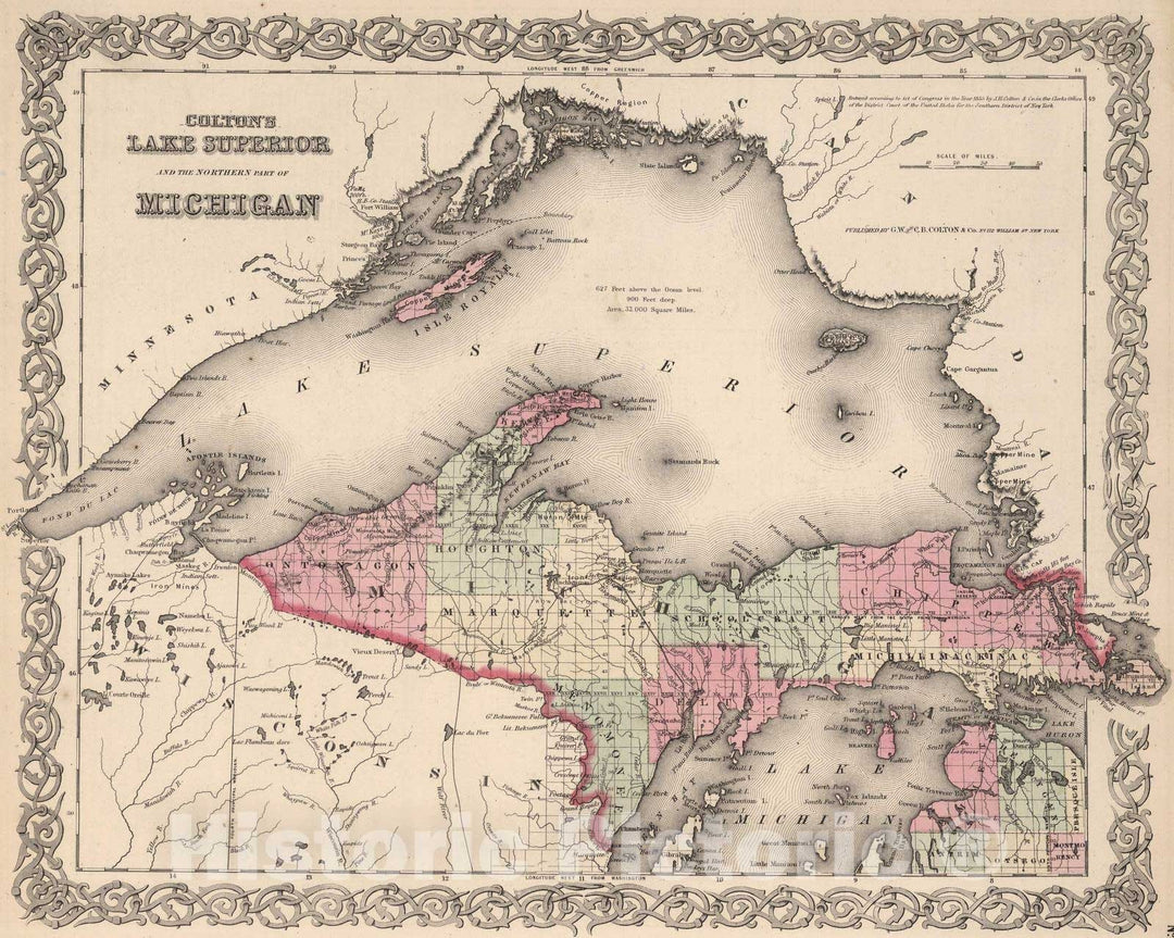 Historic Map : 1866 Northern Michigan and Lake Superior. - Vintage Wall Art