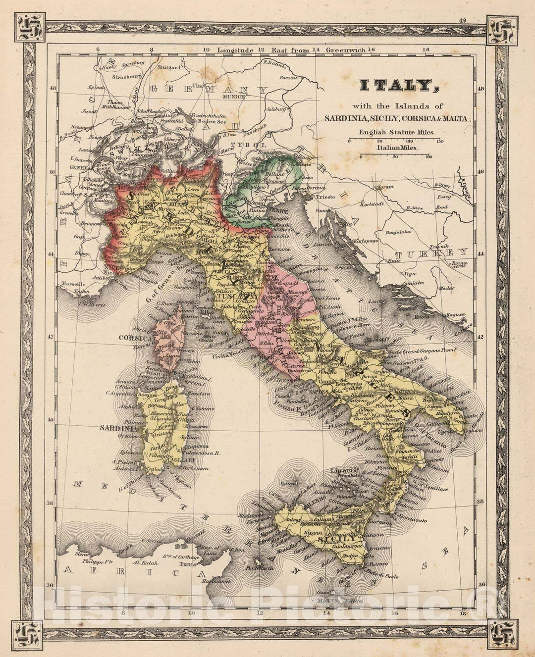 Historic Map : 1865 Italy with the Islands of Sardinia, Sicily, Corsica and Malta. - Vintage Wall Art