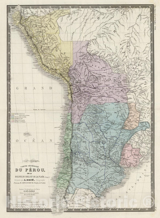 Historic Map : Peru; Chile; Bolivia; Argentina, 1875 Perou, Bolivie, Chili, Argentine, Paraguay, Uruguay. , Vintage Wall Art