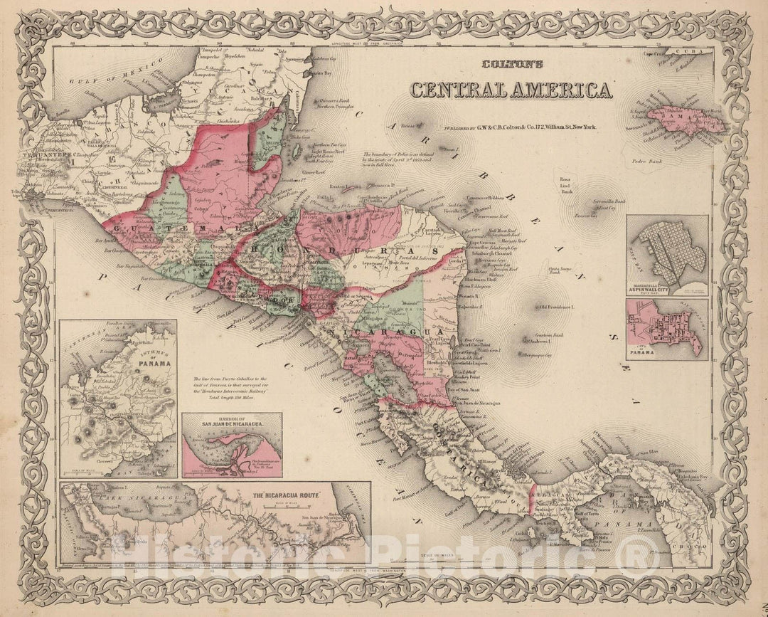 Historic Map : 1866 Central America. Guatemala, Honduras, Nicaragua, Costa Rica and Jamaica. - Vintage Wall Art