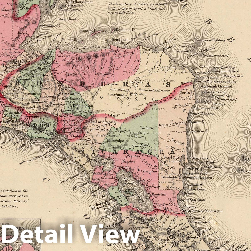 Historic Map : 1866 Central America. Guatemala, Honduras, Nicaragua, Costa Rica and Jamaica. - Vintage Wall Art