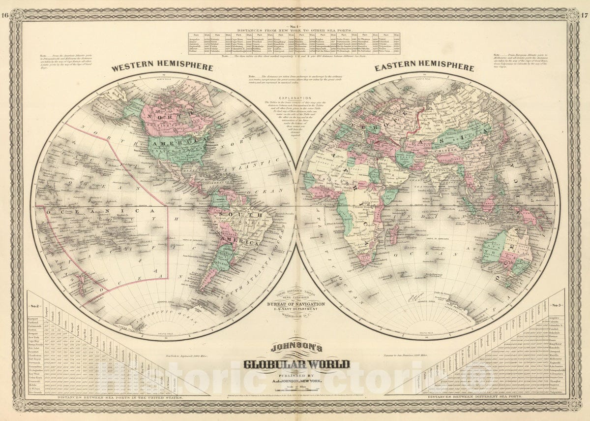 Historic Wall Map : 1886 Western Hemisphere. Eastern Hemisphere. v2 - Vintage Wall Art