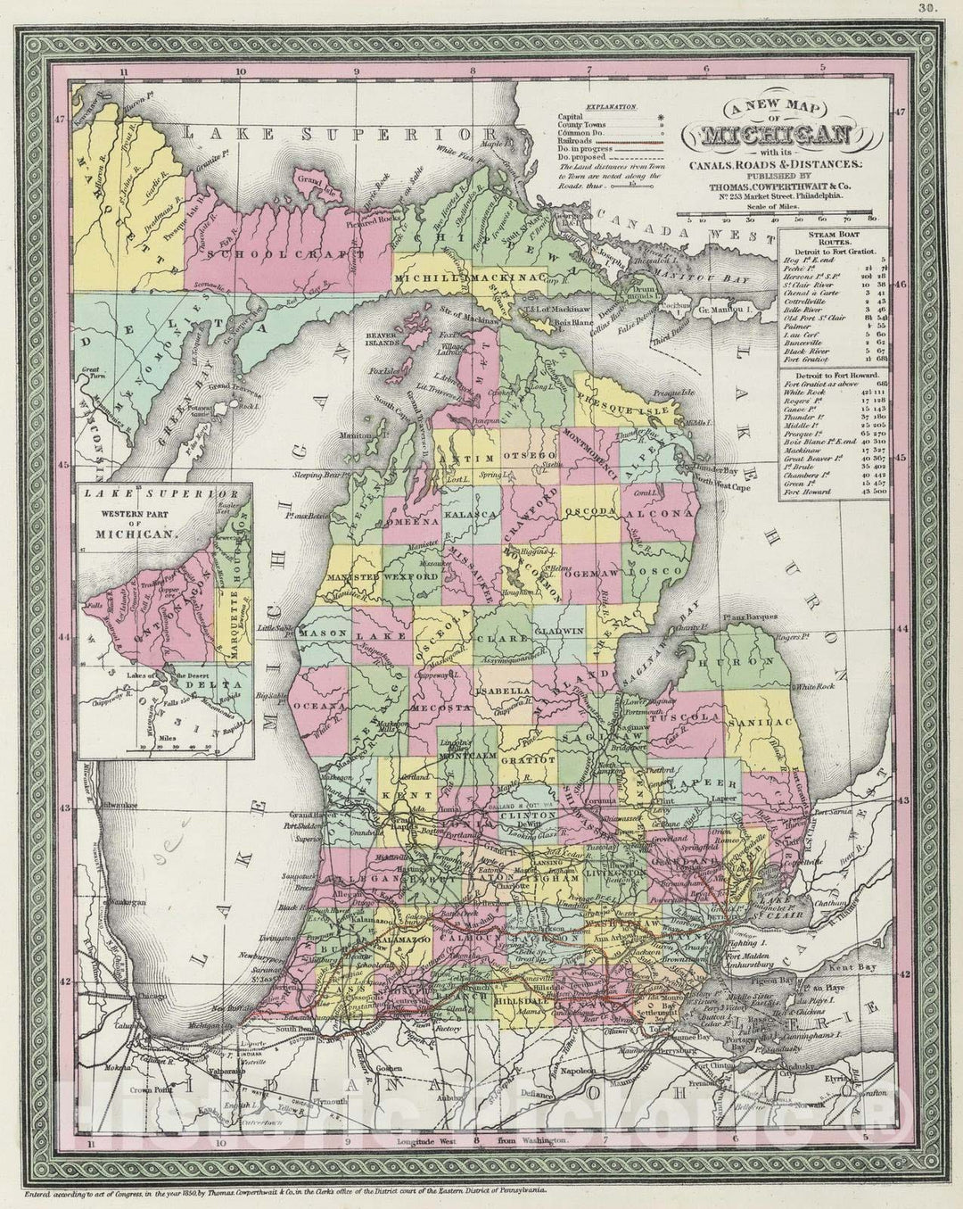 Historic Map : 1855 A new map of Michigan - Vintage Wall Art